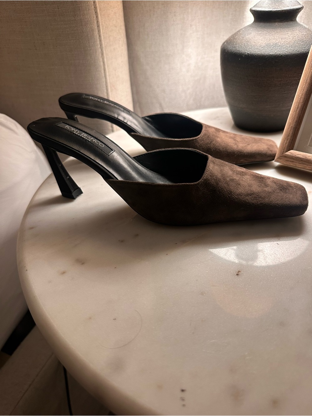 Jasmine Brown Suede Square-Toe Mule Heels